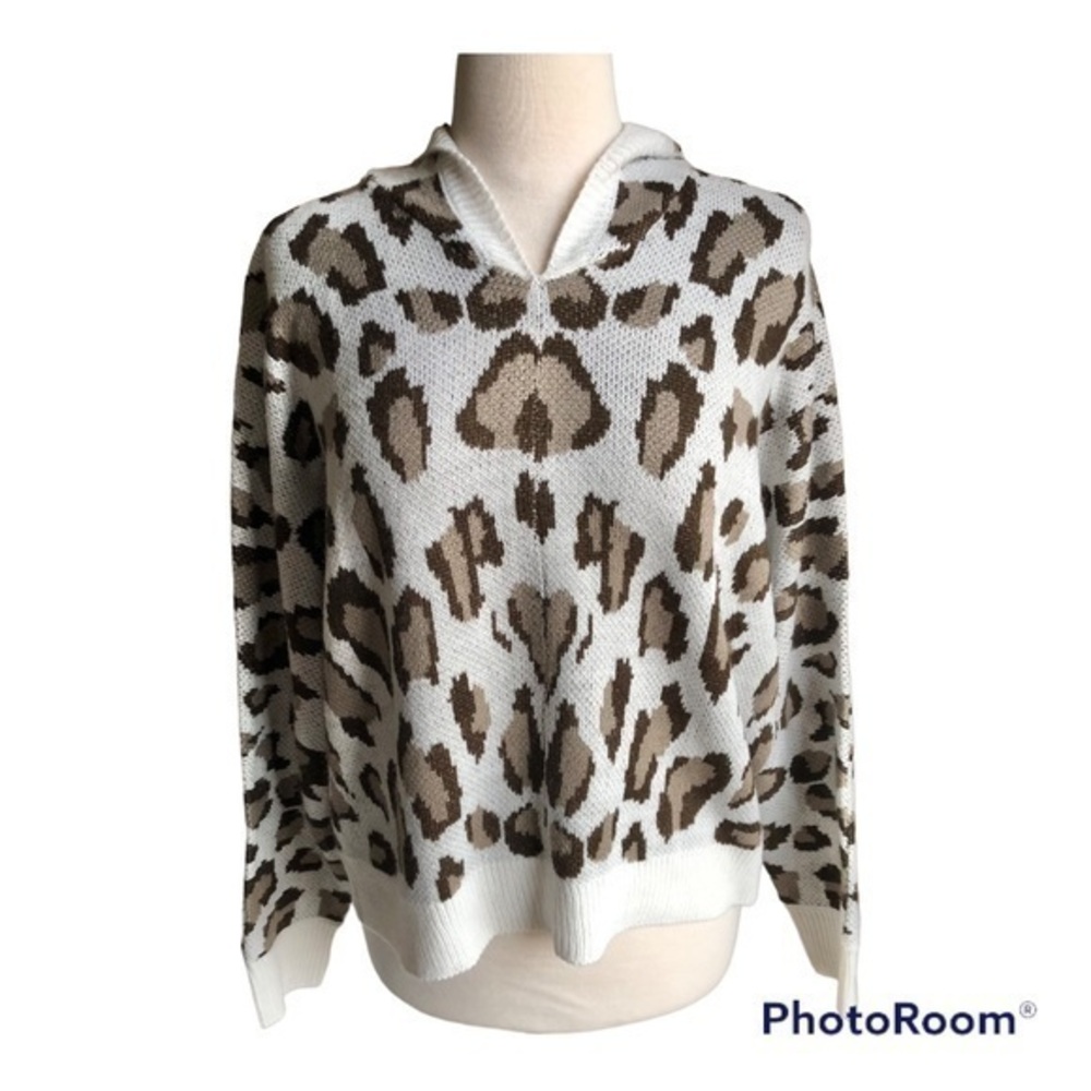 Chaser‎ gray leopard print dolman sleeve hooded pullover sweater XL